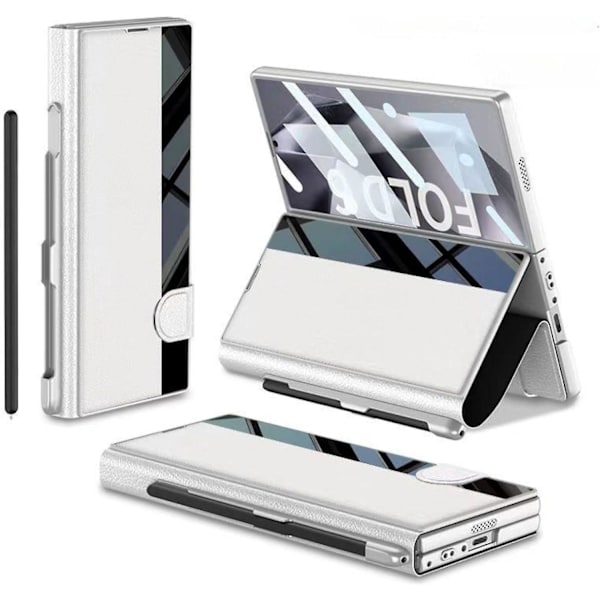 För Samsung Galaxy Z Fold 6 med S Pen-fack, Inbyggt skärmskydd PU-läder Magnetiskt Allt-i-ett-vikbart fodral silver