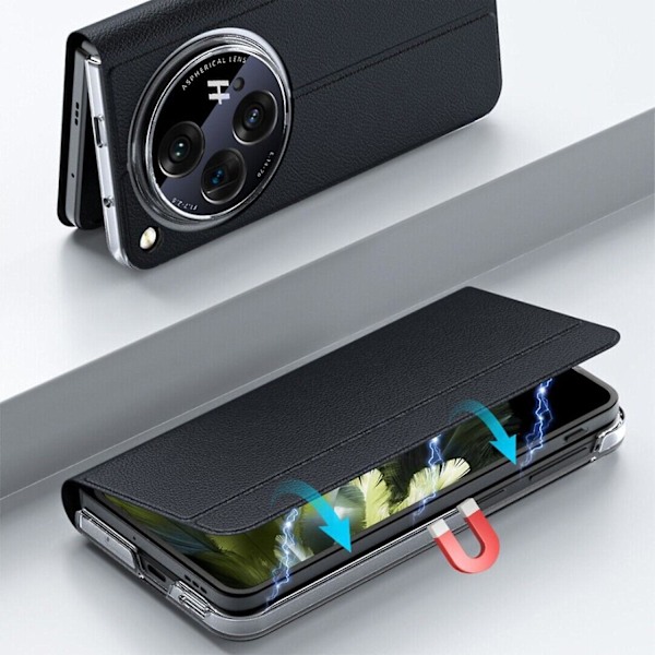 Magnetiskt Skyddande Fodral för Oneplus Open Flip Case, Minimalistiskt Läder Kickstand Cover Helkroppsskyddande Telefonfodral black