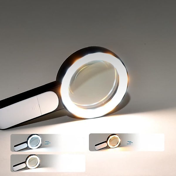 30x forstørrelsesglass med lys, håndholdt belyst forstørrelsesglass med 18 LED-lys oppbevaringspose rengjøringsklut egnet for eldre å lese, undersøke gray white