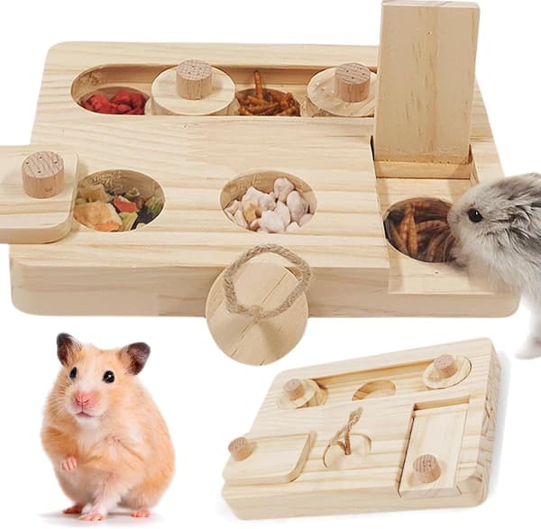 6-i-1 Träleksaker för Hamster Interaktiv Berikning, Marsvin Foderleksaker Godisdispenser Leksaker för Små Djur, Godispusselleksaker