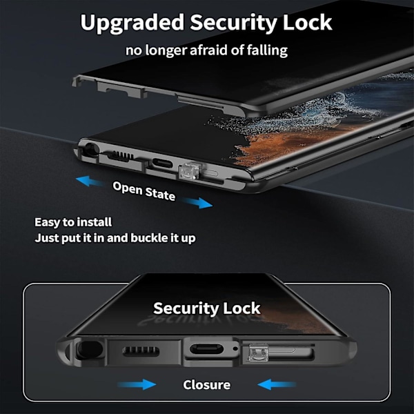 Tietosuojallinen Magneettinen Kotelo Samsung Galaxy S24 Plus:lle - Karkaistu Lasi, Täyspeitto, Käännettävä, Metallireuna, Suojaava Puhelimen Kotelo black