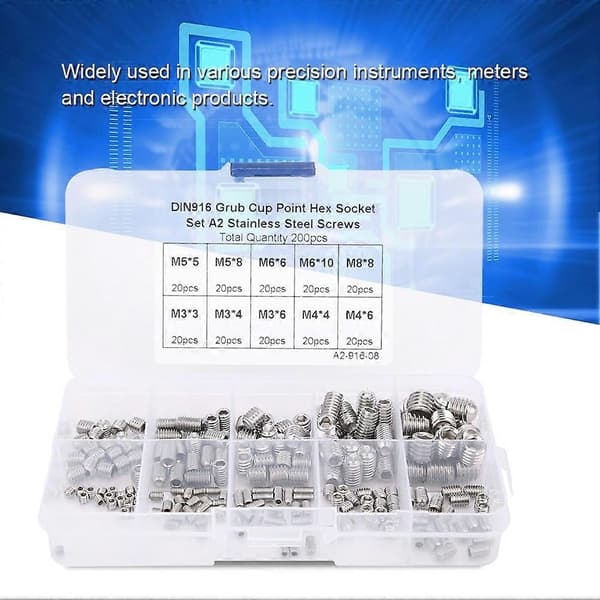 200 st Cup Point Hex Socket Grub Screw i rostfritt stål för precisionsinstrument M3/M4/M5/M6/M8