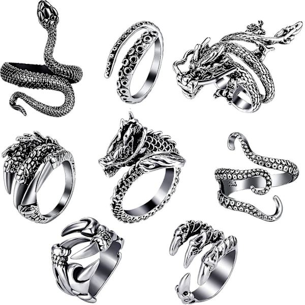 8 stk Vintage Punk Ringe Blæksprutte Drager Slange Justerbar Ring