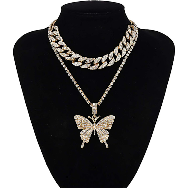 Sommerfugl Cuban Link Halskjede Sett, Kvinner Hip Hop Choker Stor Sommerfugl Anheng Halskjede Kjede sliver