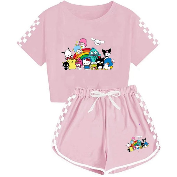 Kurome + Cinnamon Dog T-shirt shorts printed sportdräkt för pojkar och flickor pink 150cm