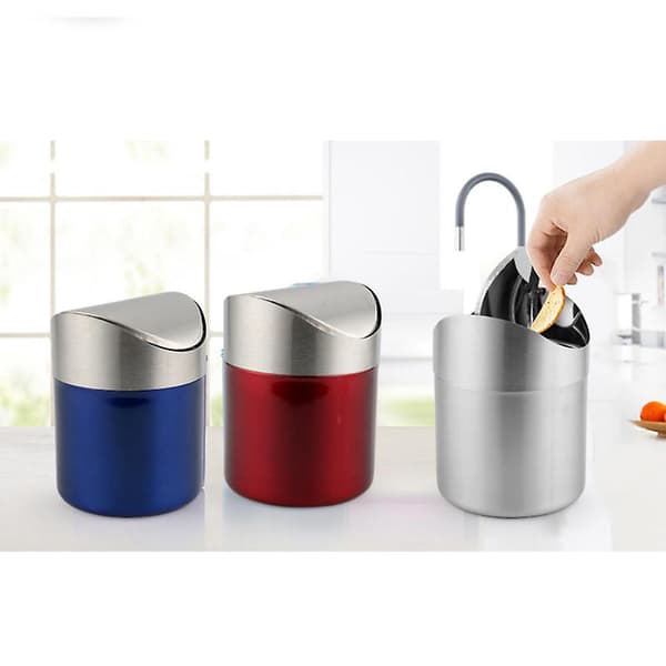 Rostfritt Stål Mini Sopsäck med Svängbart Lock Bänkskåps Sopsäckar för Skrivbord Bil Kontor silver