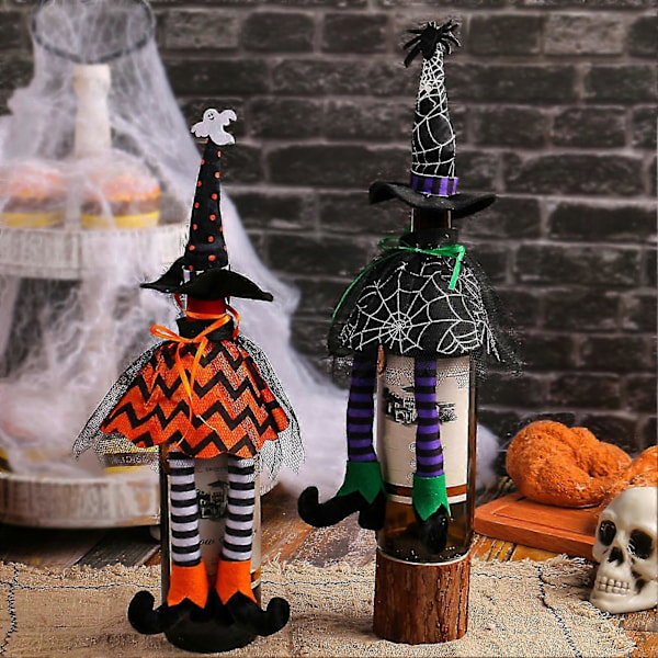 Halloween Vinflaskeöverdrag Unik Häxhatt Lång Fot Häxflaska Ärm Kreativ Hembordsdekoration Halloween Festdekoration -CHN black