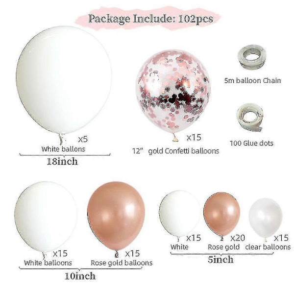 102 st Party Ballongbåge Girlang Kit Latex Ros Guld Ballonger För Bröllop Födelsedag -CNSZ