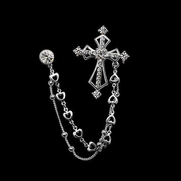 Kristall Kors Spets Kedja Tofsar Kragstift Brosch Smycken Gåva Silver