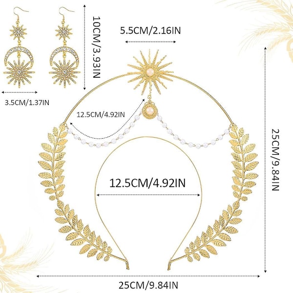 Gudinne Halo Krone Rhinestone Måne Blad Krone Hodebånd Tiara Måne Boho Hodeplagg med Måne Stjerne Dangle Øredobber for Kvinner Jenter