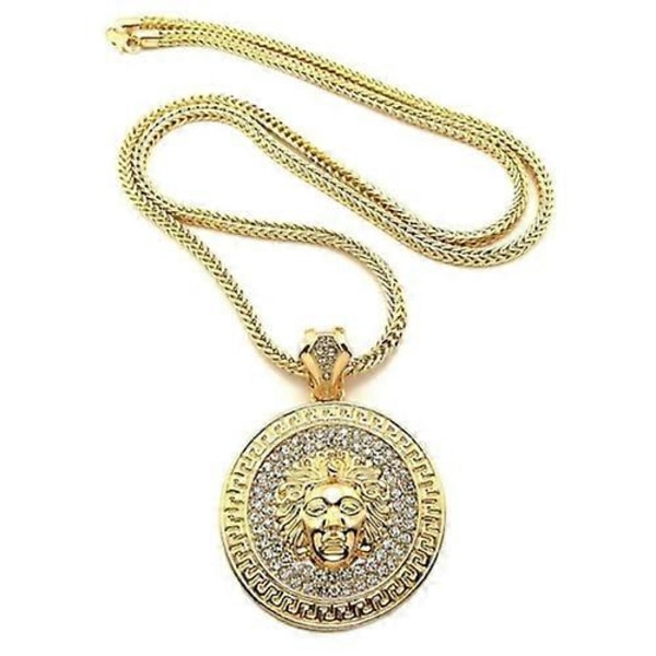 Hip Hop Rund Medusa Hode Zirkon Rhinestone Anheng Kragebenskjede Halskjede for Menn gold