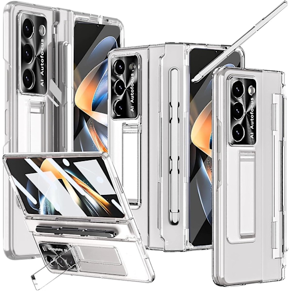 For Samsung Galaxy Z Fold 6 Clear Case with S Pen Holder & Flat Hinge Protector & Kickstand, Slim PC All-Inclusive Shockproof Case