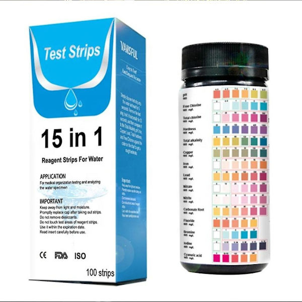 50 Teststrimler for Basseng og Spa - Måler Klor, pH, Total Alkalinitet og Brom, 16 i 1 Bassengvannstestsett