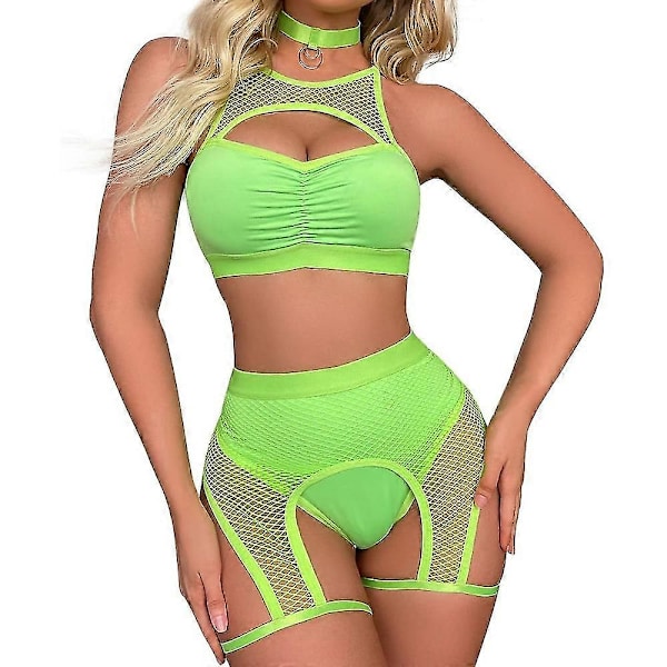 Kvinners Rave-antrekk Utskåret Nettingtopp Booty Shorts Bunn Choker 3stk Babydoll Nattøy Festivalundertøy -JRZD blue