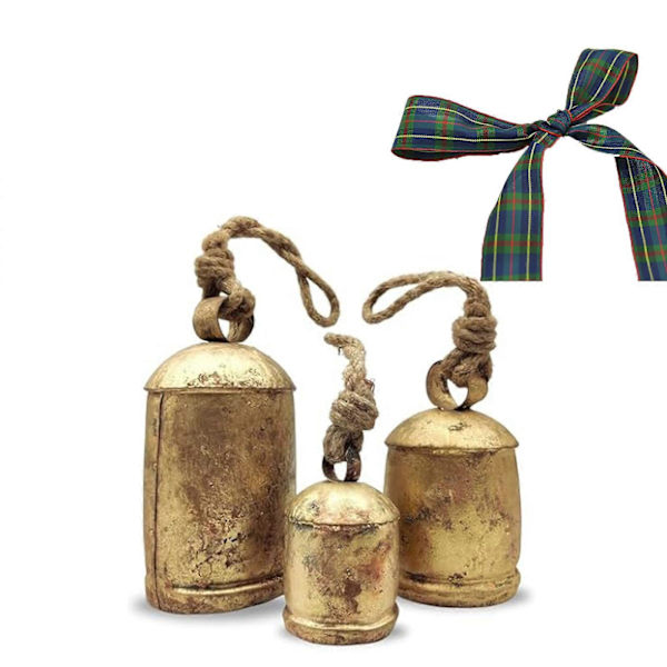 Set Of 3 Christmas Bell Brass Cow Shabby Style Metal Hanging Giant Cow Bells Decor