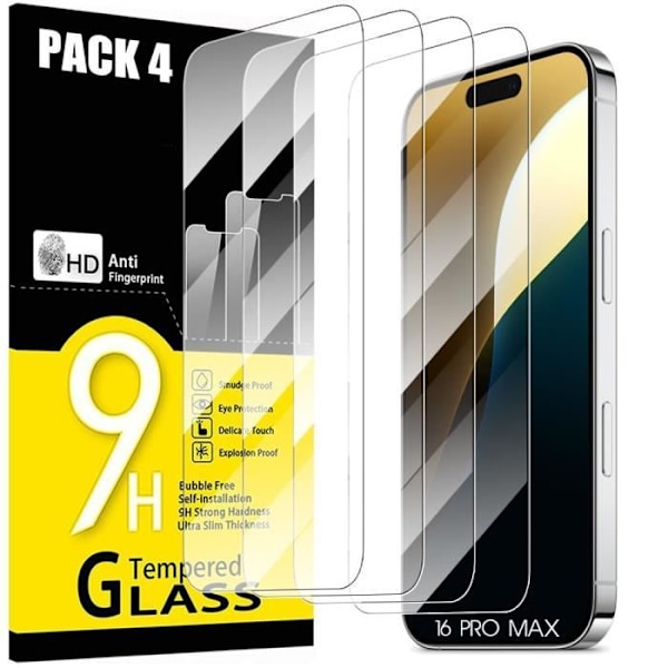 [4 Pieces] Tempered Glass for iPhone 16 Pro Max, 9H Clear Screen Protector