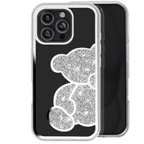 Teddy Bear Cover til iPhone 16 Pro Max med Rhinestone Mønster Skinnende Kontur Sølv Gray