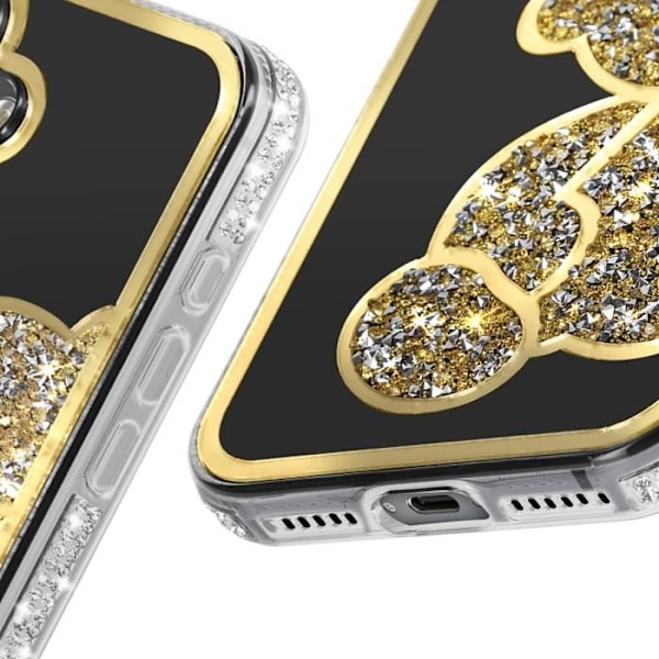 Teddy Bear Cover til iPhone 16 Plus med Rhinestone Mønster Skinnende Guld Kontur Yellow