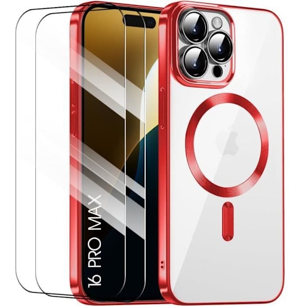 Case + 2 tempered glasses for iPhone 16 Pro Max - Transparent protection Red chrome outline with magnetic circle