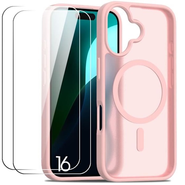 Case and 2 tempered glasses for iPhone 16, protection with magnetic circle, anti-trace transparent pink