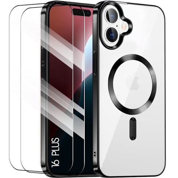 Etui til iPhone 16 Plus med magnetisk sirkel + 2 herdet glass, støtsikker beskyttelse Transparent svart blank kontur