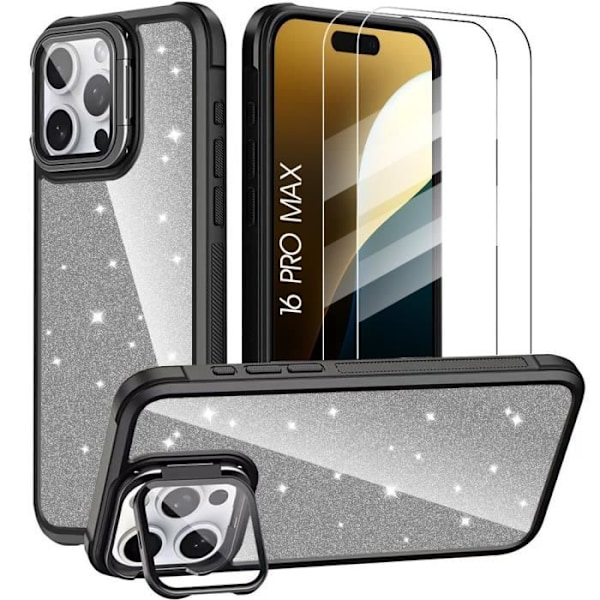 Etui + 2 hærdet glas til iPhone 16 Pro Max, gennemsigtig glittercover med kamerabeskyttelse - Sort