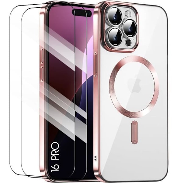 Etui + 2 hærdet glas til iPhone 16 Pro - Gennemsigtig beskyttelse Rosa krom kontur med magnetisk cirkel Pink