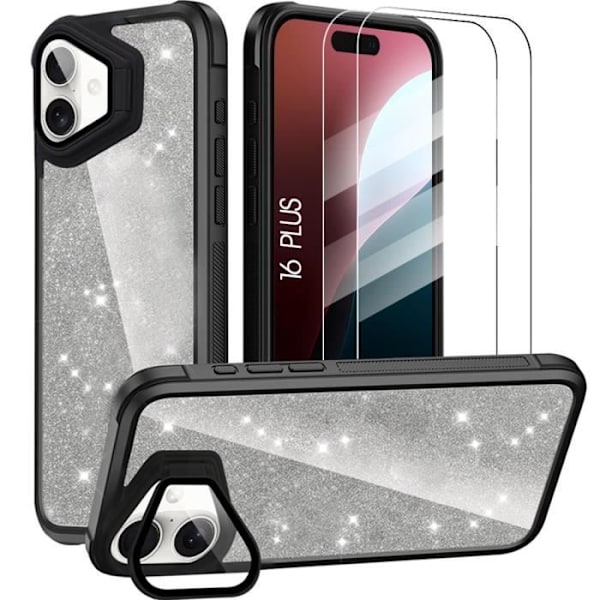 Case + 2 Toughened Glasses for iPhone 16 Plus, Glossy Transparent Cover with Camera Protection - Black