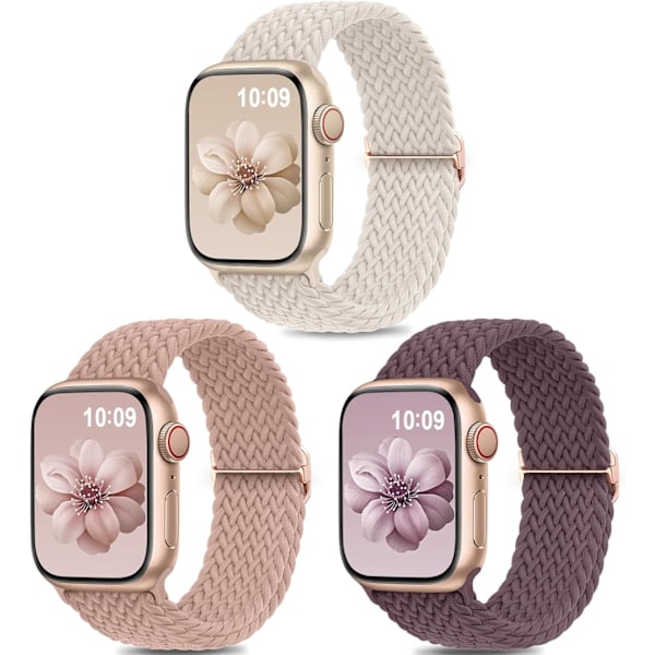 3-pak flettet Solo Loop kompatibel med Apple Watch-rem 44mm 45mm 42mm 49mm Kvinner Menn Justerbar Nylon Stretchy Smoky Purple/Pink Sand/Starry Light 42/44/45/49mm