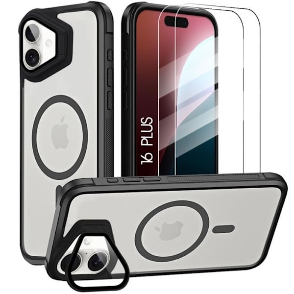 Etui og 2 herdet glass til iPhone 16 Plus - Transparent beskyttelse med magnetisk sirkel og linsebeskyttelse Black