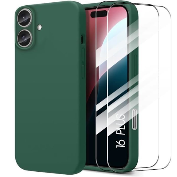 Etui + 2 herdet glass til iPhone 16 Plus - tynn silikonbeskyttelse Støtsikker Anti-Rap Midnight Green