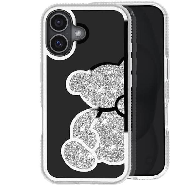 Teddy Bear Case for iPhone 16 Plus Rhinestone Pattern Shiny Outline Silver