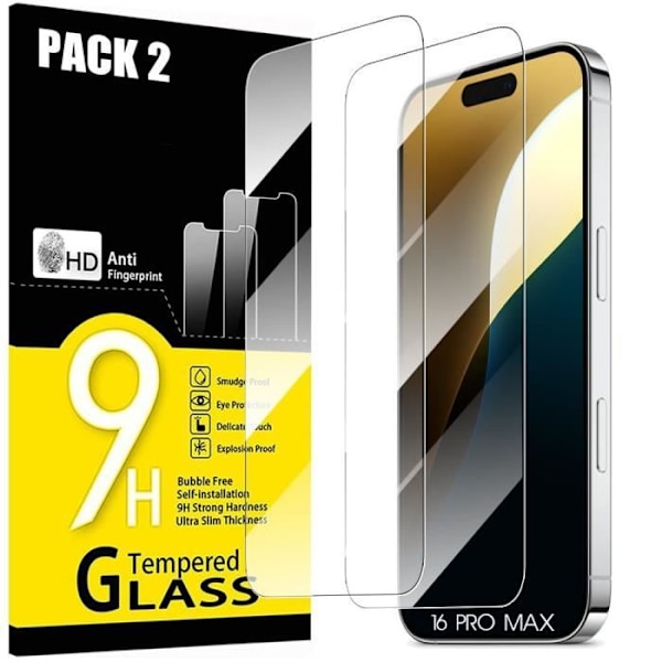 2 herdet glass for iPhone 16 Pro Max skjermbeskytter 9H støtsikker gjennomsiktig