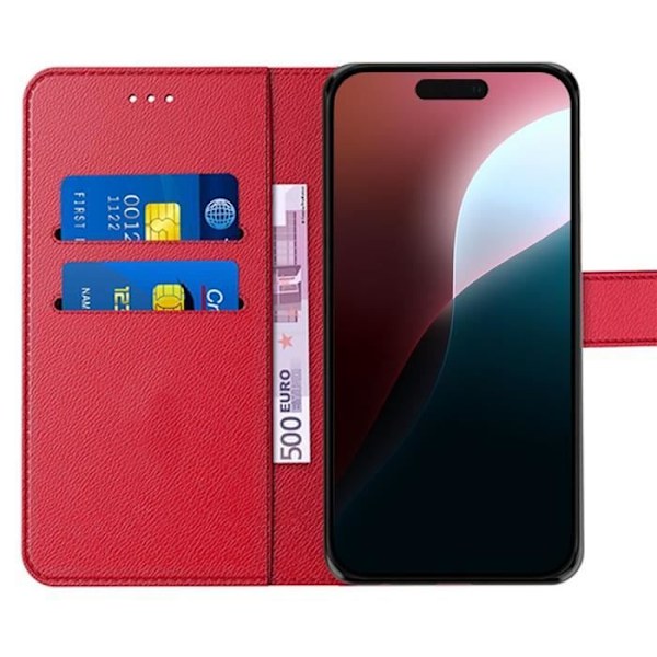 Etui + 2 herdet glass til iPhone 16 Plus - Anti-ripe PU skinn flip-etui - Rød