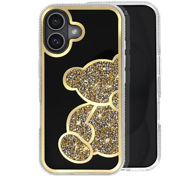 Teddy Bear Cover til iPhone 16 - Silikone med Rhinestone Mønster og Skinnende Guld Kontur Yellow