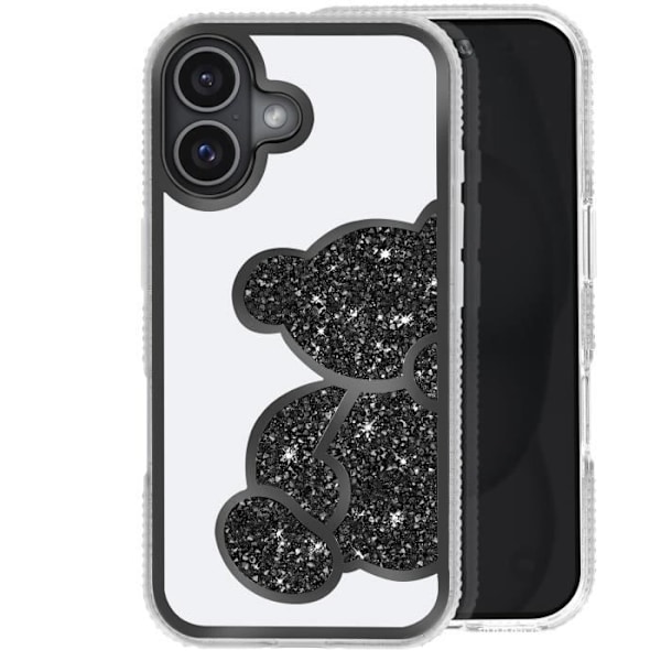 Teddybjørn deksel til iPhone 16 Plus med glitrende strass mønster og skinnende kontur i svart Black