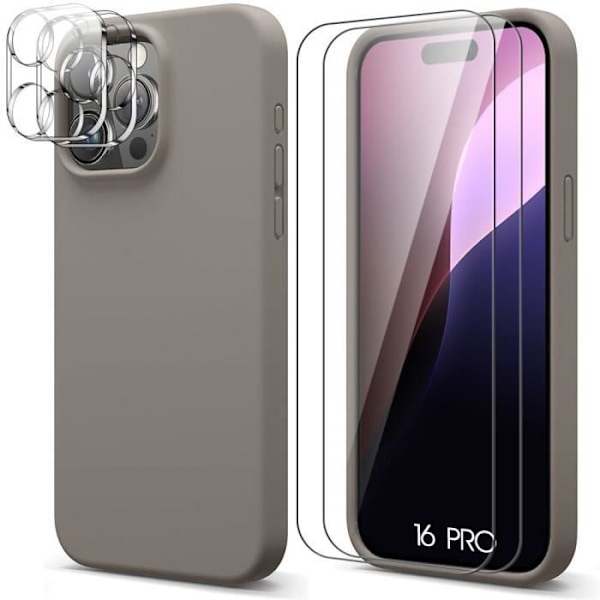 Case for iPhone 16 Pro, gray liquid silicone + 2 tempered glasses and 2 rear lens glasses