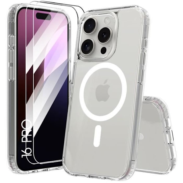 Etui til iPhone 16 Pro med magnetisk sirkel + 2 beskyttende herdet glass Transparent