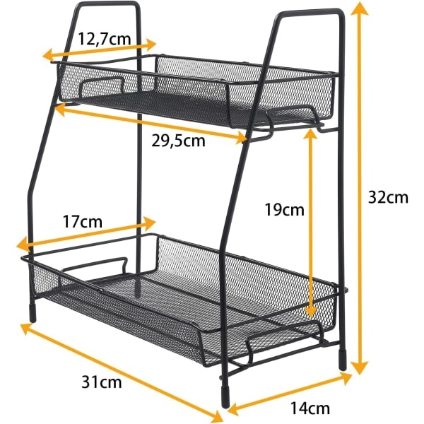 Kjøkkenkrydderhylle, oppbevaringshylle, arrangør, arbeidsstasjon krydderoppbevaring, vertikal hylle for kjøkkenskap, bad, svart (2 nivåer)