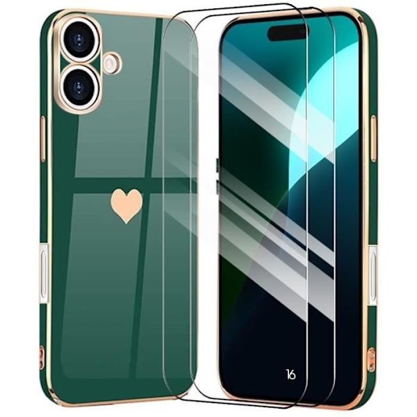 Case for iPhone 16, Shockproof Liquid Silicone Midnight Green with Love Heart Pattern + 2 tempered glasses