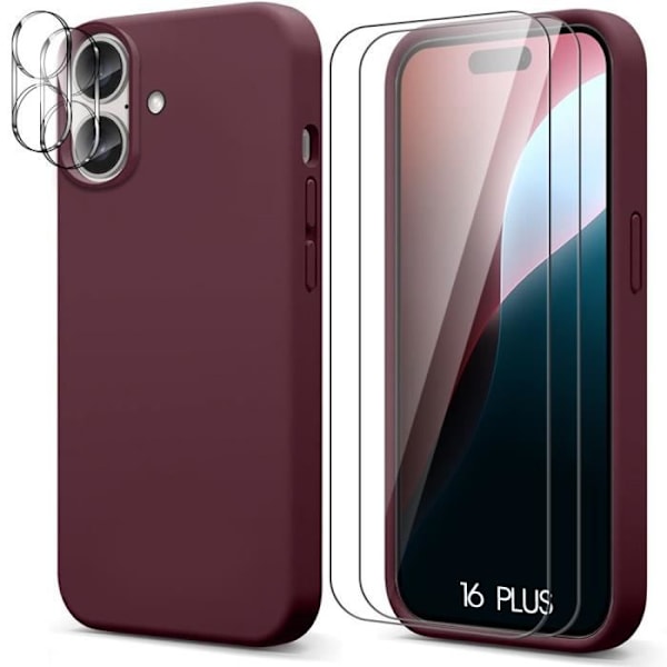 Case for iPhone 16 Plus, Bordeaux Silicone + 2 windows in tempered glass and 2 rear camera glasses