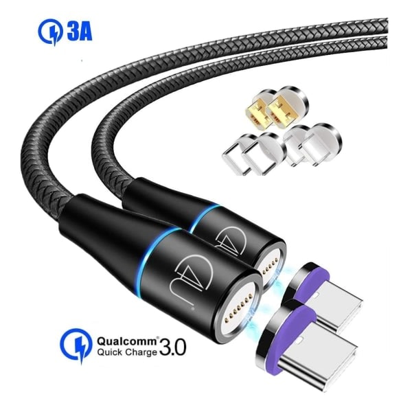 IC 2-pakkaus 2m 3in1 magneettinen latauskaapeli pikalataus 3A SuperCharge musta