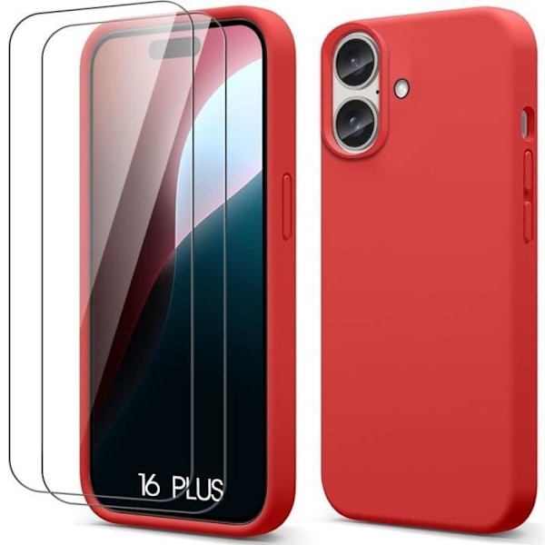 Case for iPhone 16 Plus with 2 Tempered Glasses, Ultra Slim Lightweight Shockproof Silicone Protection - Red