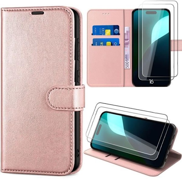 Etui + 2 hærdet glas til iPhone 16, anti-ridse læder-effekt flip etui pink