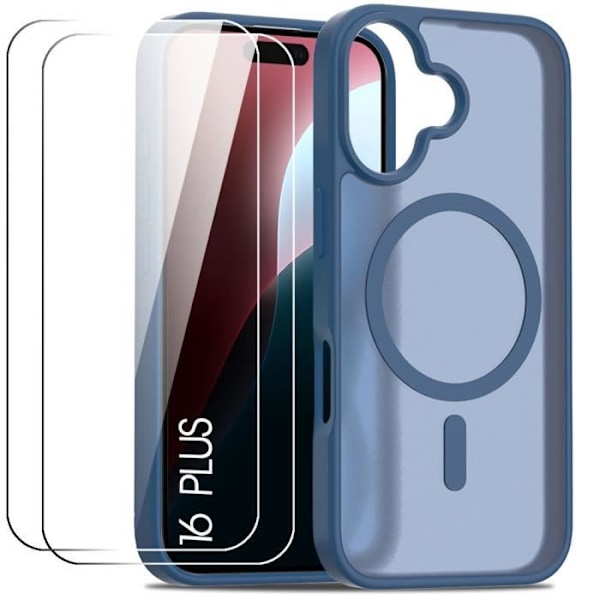 Etui + 2 hærdet glas til iPhone 16 Plus, beskyttelse med stødsikker magnetisk ring Transparent Navy blue navy blue