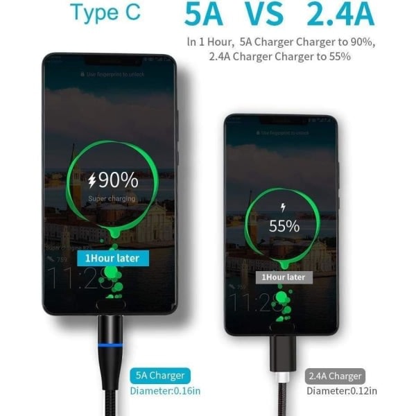 IC 2-pakkaus 2m 3in1 magneettinen latauskaapeli pikalataus 3A SuperCharge musta