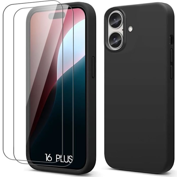 Kotelo + 2 karkaistua lasia iPhone 16 Plus - Ultraohut iskunkestävä pehmeä silikonisuoja musta Black