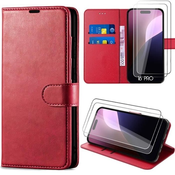 Case + 2 tempered glasses for iPhone 16 Pro, Red leather effect case with magnetic closure