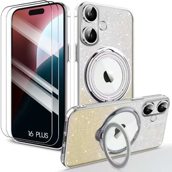 Etui + 2 herdet glass til iPhone 16 Plus, silikonbeskyttelse med glitrende sølv roterende magnetisk støtte Silver