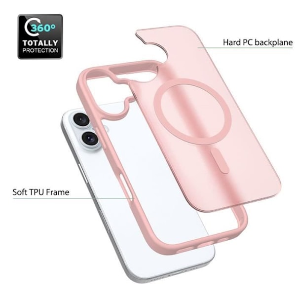 Etui og 2 hærdet glas til iPhone 16 Plus, beskyttelse med magnetisk ring - pink